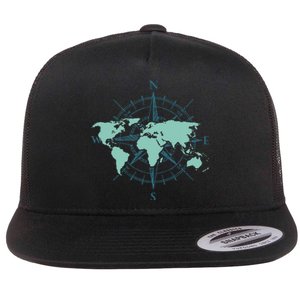 Cartography Traveler Travelling Compass World Map Flat Bill Trucker Hat