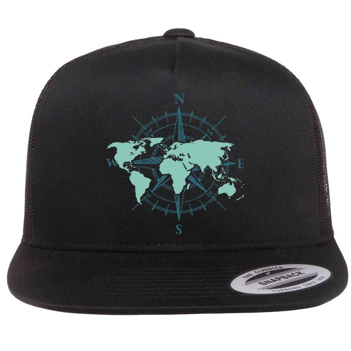 Cartography Traveler Travelling Compass World Map Flat Bill Trucker Hat