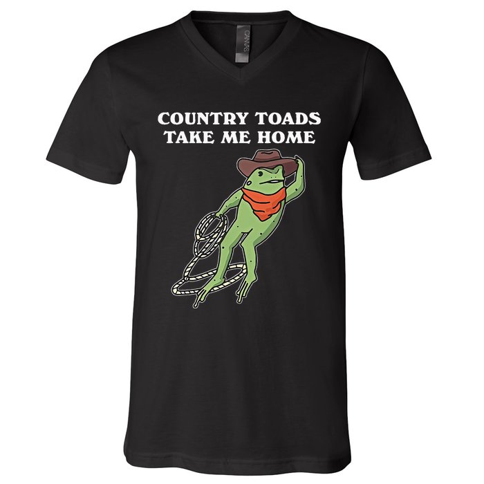 Country Toads Take Me Home Cowboy Frog Funny Western V-Neck T-Shirt