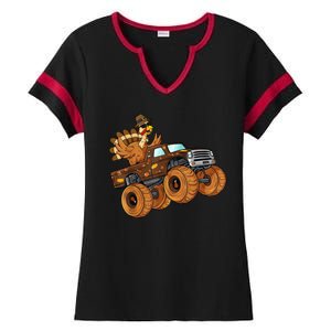 Cute Turkey Thanksgiving Monster Truck Ladies Halftime Notch Neck Tee