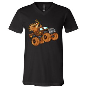 Cute Turkey Thanksgiving Monster Truck V-Neck T-Shirt