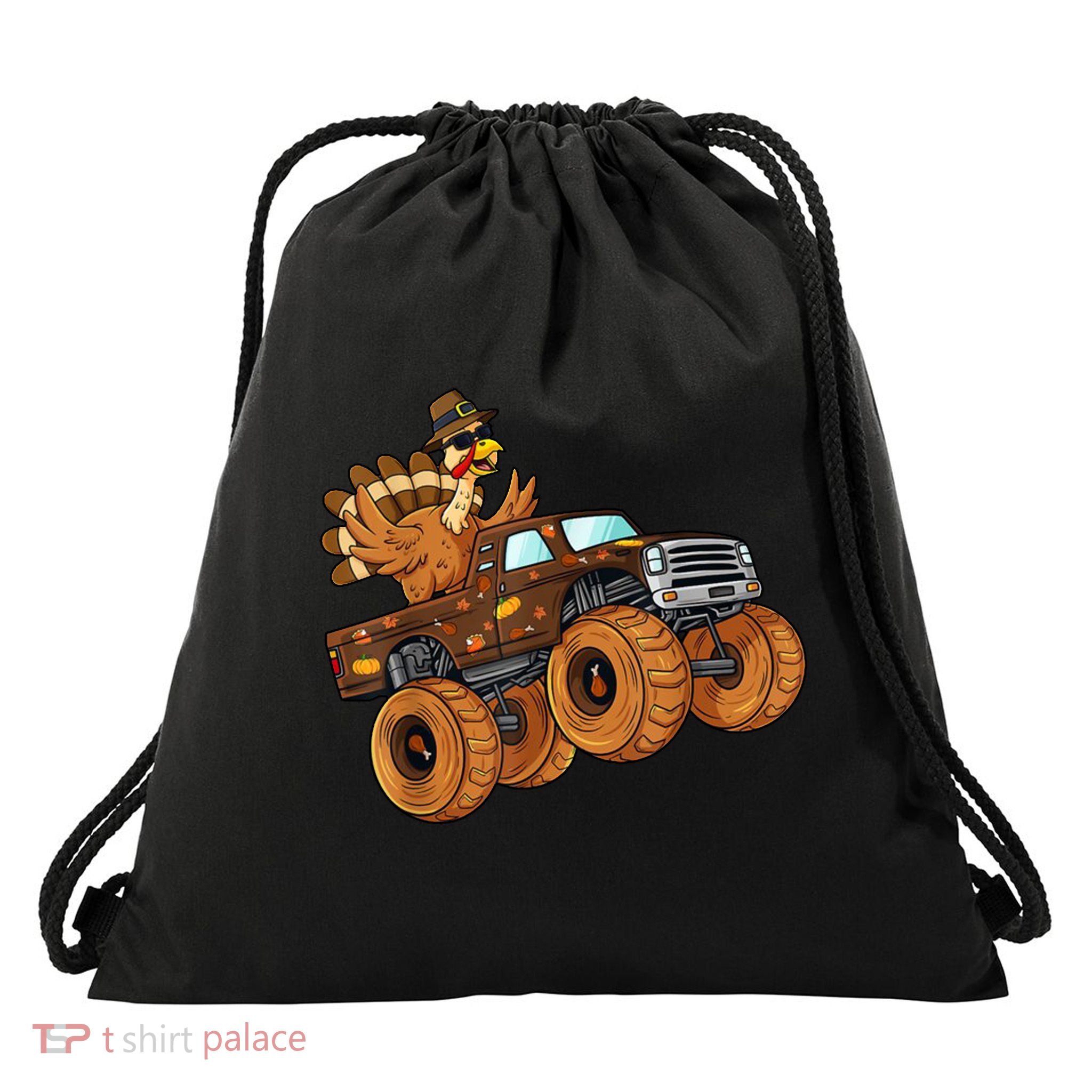Cute Turkey Thanksgiving Monster Truck Drawstring Bag