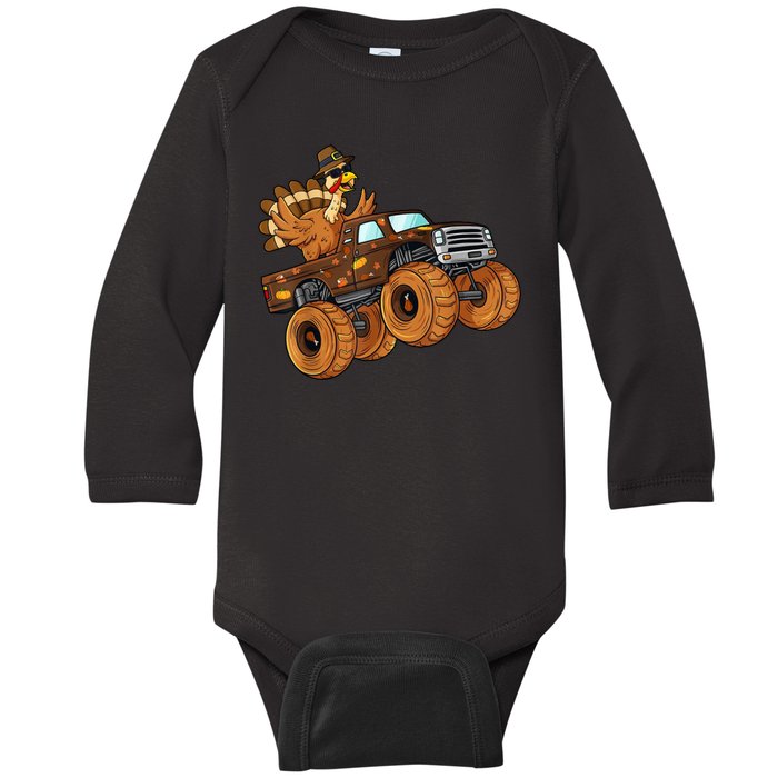 Cute Turkey Thanksgiving Monster Truck Baby Long Sleeve Bodysuit