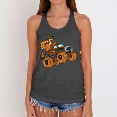 Cute Turkey Thanksgiving Monster Truck Women's Knotted Racerback Tank