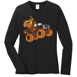 Cute Turkey Thanksgiving Monster Truck Ladies Long Sleeve Shirt