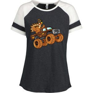 Cute Turkey Thanksgiving Monster Truck Enza Ladies Jersey Colorblock Tee