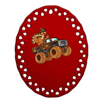 Cute Turkey Thanksgiving Monster Truck Ceramic Oval Ornament