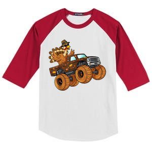 Cute Turkey Thanksgiving Monster Truck Kids Colorblock Raglan Jersey