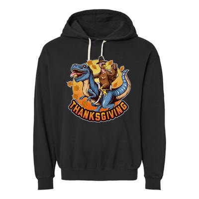 Cool Thanksgiving Turkey Riding TRex Dinosaur Garment-Dyed Fleece Hoodie