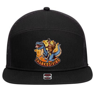 Cool Thanksgiving Turkey Riding TRex Dinosaur 7 Panel Mesh Trucker Snapback Hat