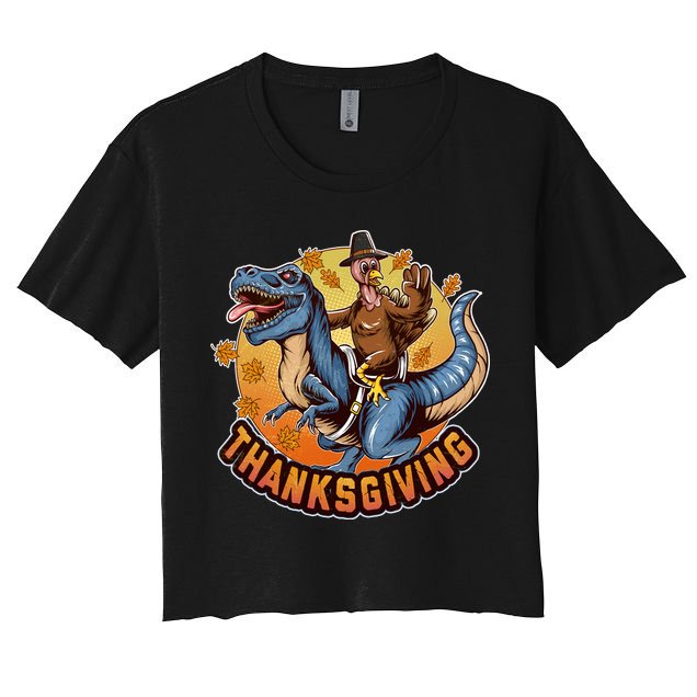 Cool Thanksgiving Turkey Riding TRex Dinosaur Crop Top
