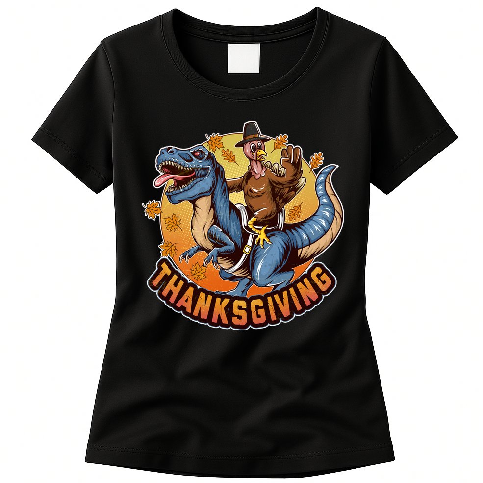 Cool Thanksgiving Turkey Riding TRex Dinosaur Womens T-Shirt