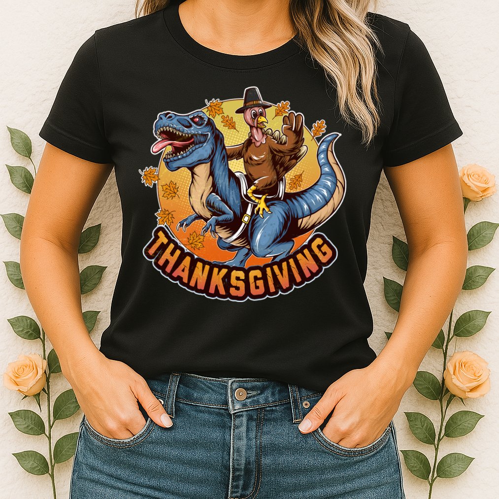 Cool Thanksgiving Turkey Riding TRex Dinosaur Womens T-Shirt