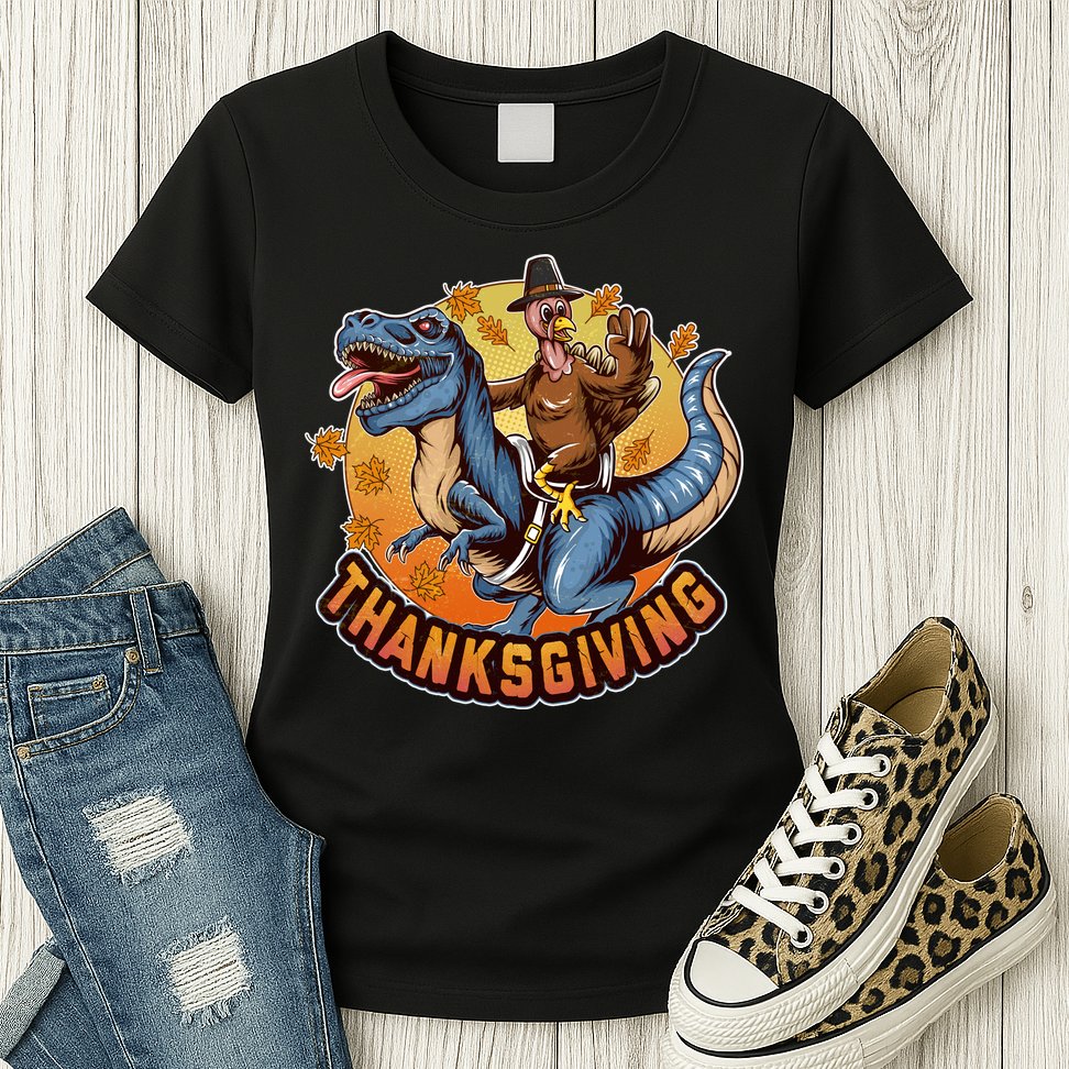 Cool Thanksgiving Turkey Riding TRex Dinosaur Womens T-Shirt
