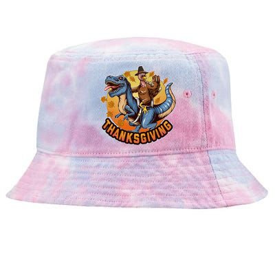 Cool Thanksgiving Turkey Riding TRex Dinosaur Tie-Dyed Bucket Hat