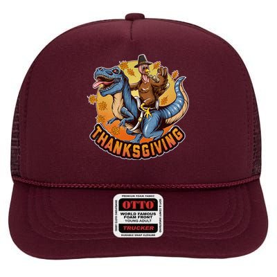 Cool Thanksgiving Turkey Riding TRex Dinosaur High Crown Mesh Back Trucker Hat