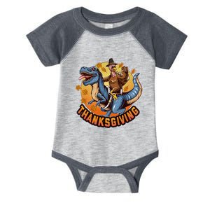 Cool Thanksgiving Turkey Riding TRex Dinosaur Infant Baby Jersey Bodysuit