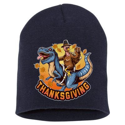 Cool Thanksgiving Turkey Riding TRex Dinosaur Short Acrylic Beanie