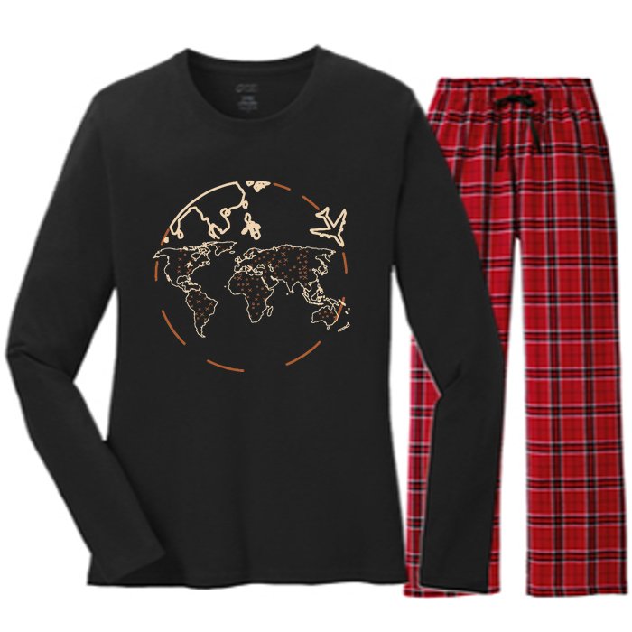 Countries Traveler Traveling World Map Women's Long Sleeve Flannel Pajama Set 