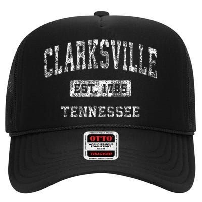 Clarksville Tennessee Tn Vintage Established Sports High Crown Mesh Back Trucker Hat