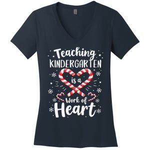 Christmas Teacher Teaching Kindergarten Is A Work Of Heart Women's V-Neck T-Shirt