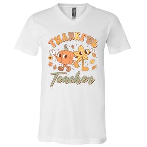 Cute Thanksgiving Thankful Teacher V-Neck T-Shirt