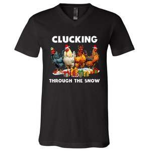 Clucking Through The Snow Funny Chicken Merry Christmas V-Neck T-Shirt