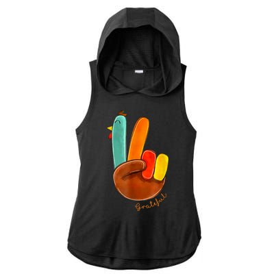 Cute Thanksgiving Turkey Peace Sign Grateful Ladies PosiCharge Tri-Blend Wicking Draft Hoodie Tank