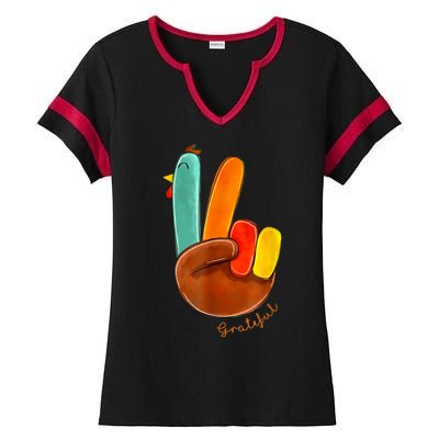 Cute Thanksgiving Turkey Peace Sign Grateful Ladies Halftime Notch Neck Tee