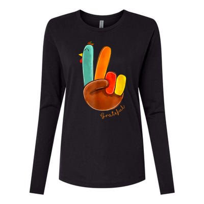 Cute Thanksgiving Turkey Peace Sign Grateful Womens Cotton Relaxed Long Sleeve T-Shirt