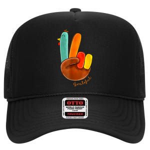 Cute Thanksgiving Turkey Peace Sign Grateful High Crown Mesh Back Trucker Hat