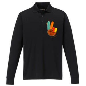 Cute Thanksgiving Turkey Peace Sign Grateful Performance Long Sleeve Polo