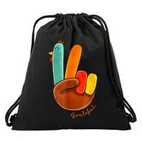 Cute Thanksgiving Turkey Peace Sign Grateful Drawstring Bag