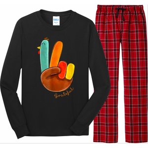 Cute Thanksgiving Turkey Peace Sign Grateful Long Sleeve Pajama Set