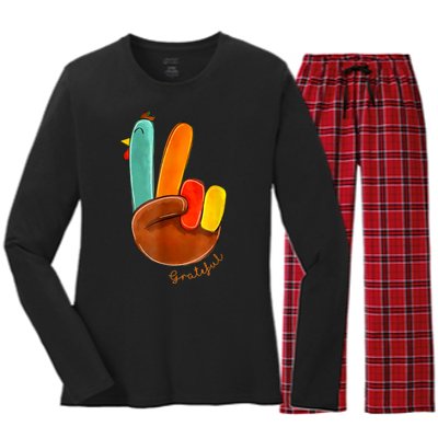 Cute Thanksgiving Turkey Peace Sign Grateful Women's Long Sleeve Flannel Pajama Set 