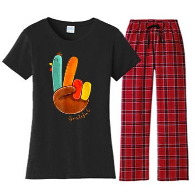 Cute Thanksgiving Turkey Peace Sign Grateful Women's Flannel Pajama Set