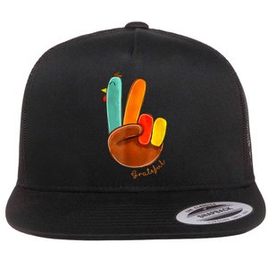 Cute Thanksgiving Turkey Peace Sign Grateful Flat Bill Trucker Hat