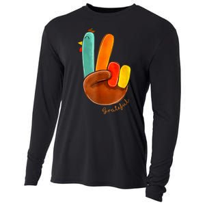 Cute Thanksgiving Turkey Peace Sign Grateful Cooling Performance Long Sleeve Crew