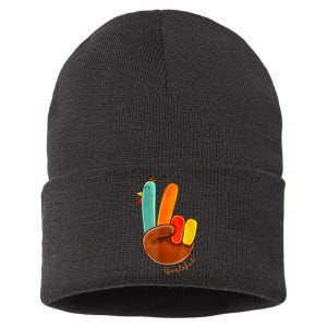 Cute Thanksgiving Turkey Peace Sign Grateful Sustainable Knit Beanie