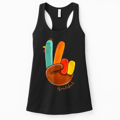 Cute Thanksgiving Turkey Peace Sign Grateful Womens Tank Top