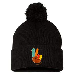 Cute Thanksgiving Turkey Peace Sign Grateful Pom Pom 12in Knit Beanie