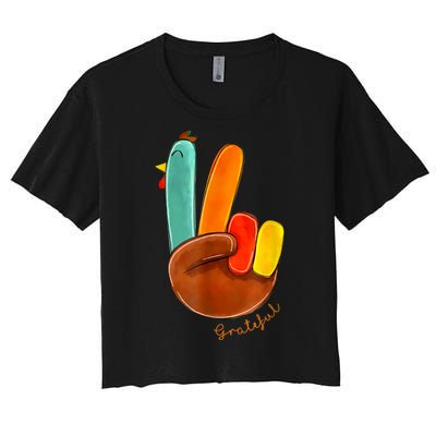 Cute Thanksgiving Turkey Peace Sign Grateful Women's Crop Top Tee