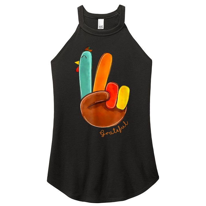 Cute Thanksgiving Turkey Peace Sign Grateful Women's Perfect Tri Rocker Tank