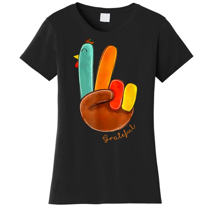 Cute Thanksgiving Turkey Peace Sign Grateful Women's T-Shirt