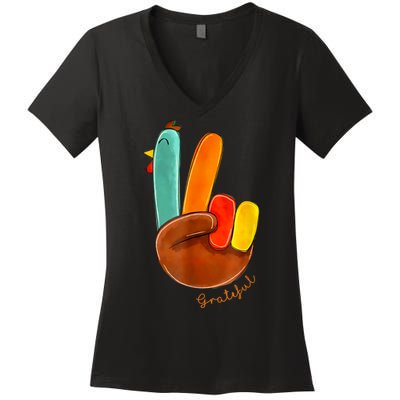 Cute Thanksgiving Turkey Peace Sign Grateful Women's V-Neck T-Shirt