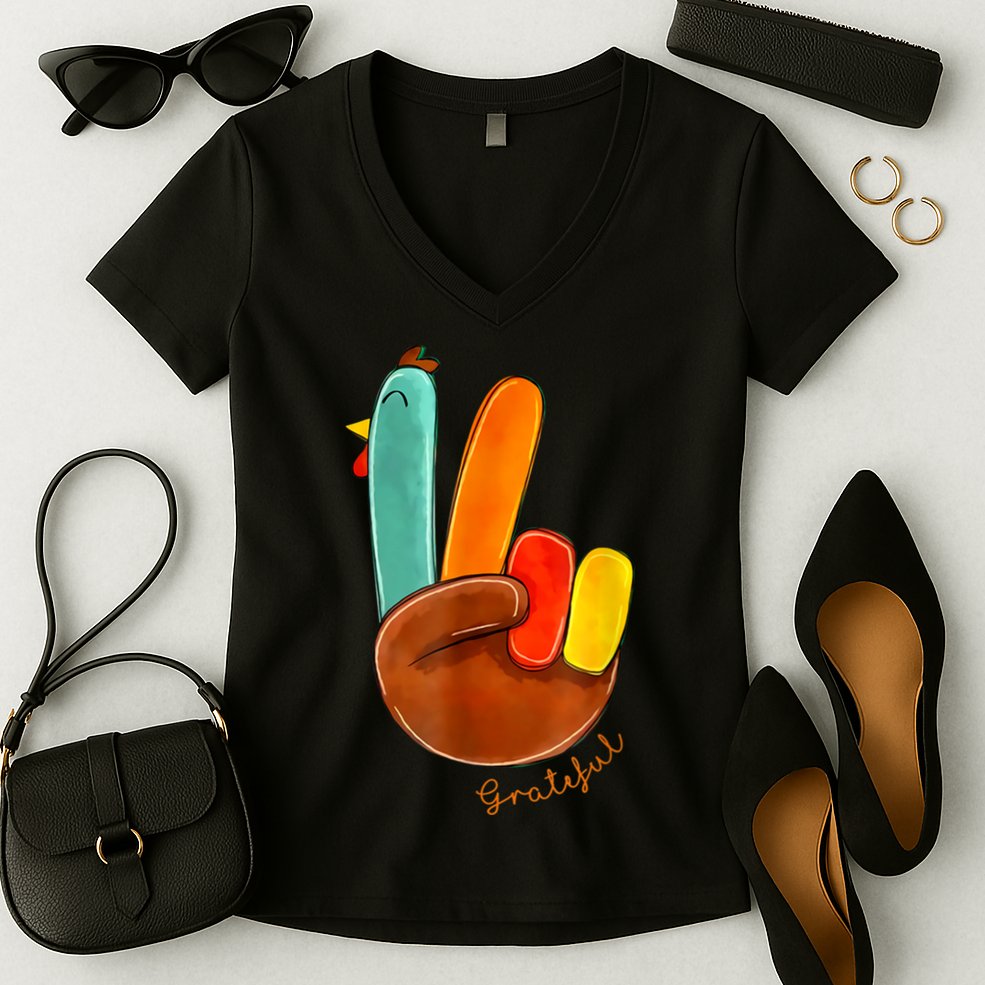 Cute Thanksgiving Turkey Peace Sign Grateful Women's V-Neck T-Shirt