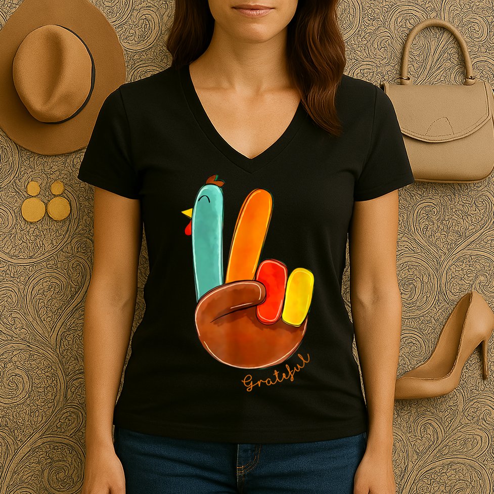 Cute Thanksgiving Turkey Peace Sign Grateful Women's V-Neck T-Shirt