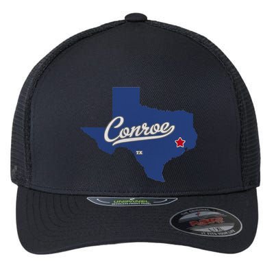 Conroe Texas TX Map Flexfit Unipanel Trucker Cap