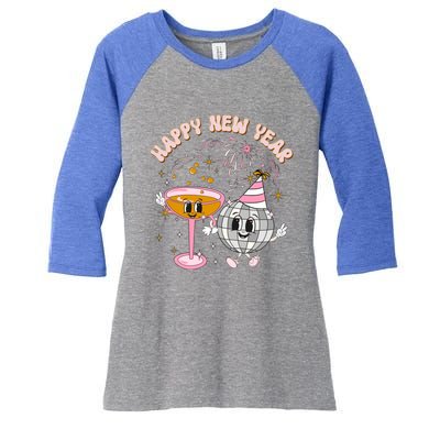 Cheers To The New Year Happy 2024 Retro Groovy Disco Balls Gift Women's Tri-Blend 3/4-Sleeve Raglan Shirt