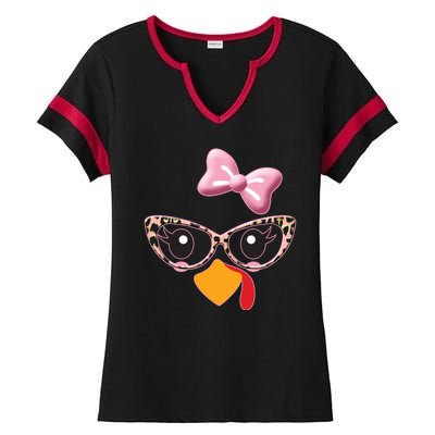 Cute Thanksgiving Turkey Girl Ladies Halftime Notch Neck Tee